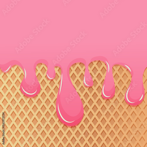 Strawberry ice cream waffle background. Pink dripping glaze on waffle texture