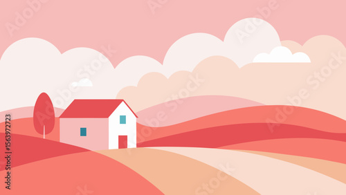 Minimalist house with red roof sits on rolling hills under a pastel sky