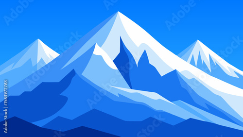 Stylized geometric mountain range with snow capped peaks under a clear blue sky