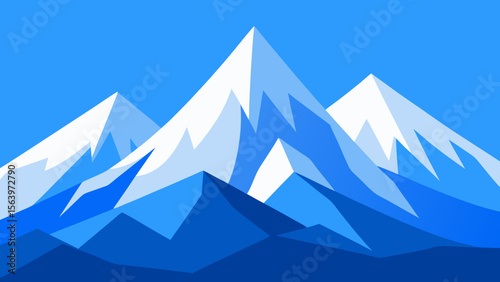 Stylized geometric mountain range with snow capped peaks and blue sky
