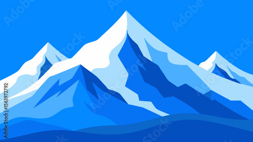 Stylized blue mountain range with snow capped peaks under a clear sky