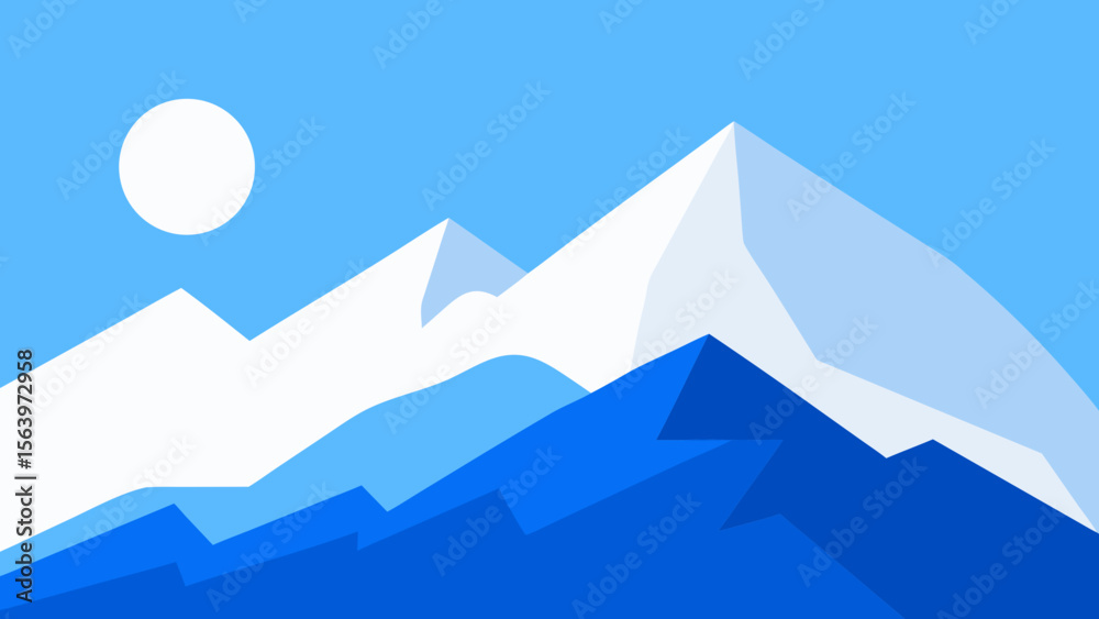 Fototapeta premium Stylized geometric mountain range landscape with a bright sun against a clear blue sky