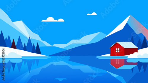 Serene winter landscape with a red cabin by a calm lake and snow capped mountains