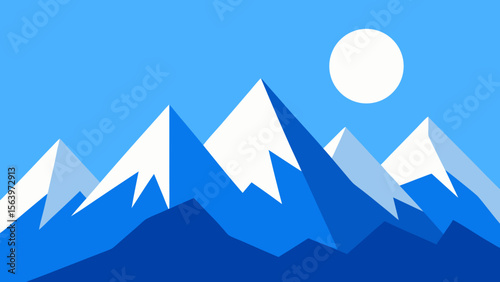 Stylized geometric mountain range with a white sun against a clear blue sky