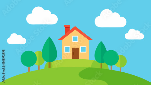 Flat design illustration of a yellow house on a green hill with trees and clouds