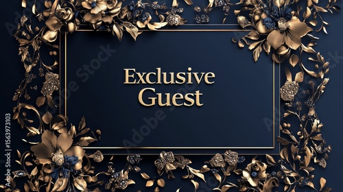 Luxurious dark blue invitation card with gold floral decorations and the text 