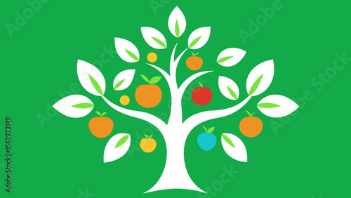 Stylized white tree with colorful fruits and green leaves on a green background