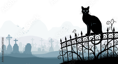 Black cat sitting on wrought iron fence in cemetery, for Halloween concepts