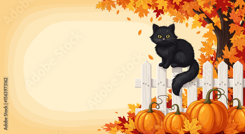 Illustration of a black cat on fence with pumpkins and fall leaves, with copy space