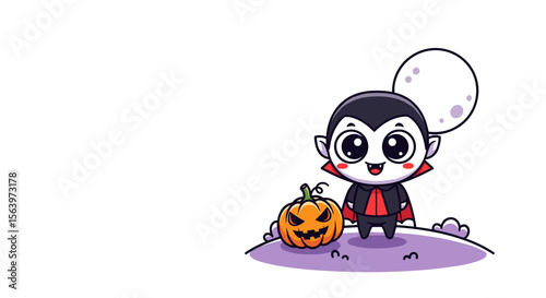 Cartoon vampire with a pumpkin on white, with copy space