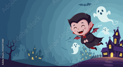 Cartoon vampire flies with ghosts on Halloween night, with copy space
