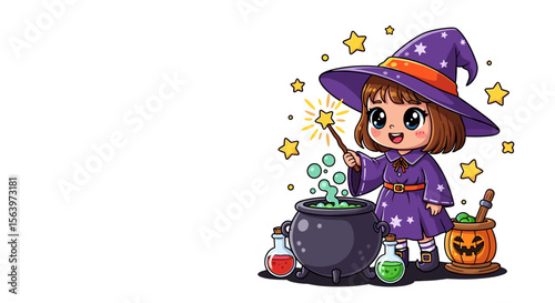 Cartoon witch making potion in cauldron, for Halloween cards