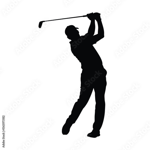 Silhouette of a golfer in mid swing with a golf club against a white background