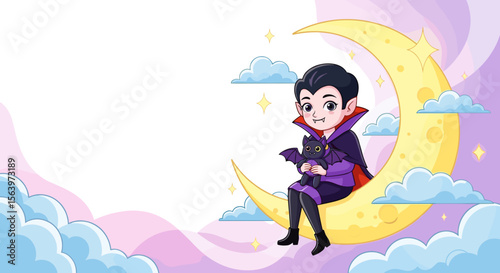 Cartoon vampire sitting on the moon holding a bat plushie against a pastel sky, with copy space
