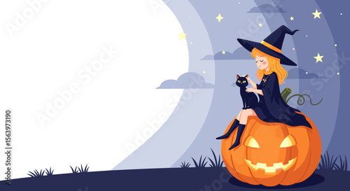 Cartoon witch petting cat on pumpkin with copy space
