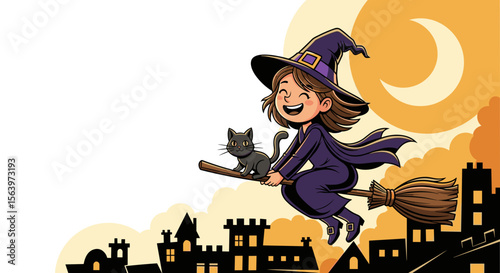 Smiling witch and black cat flying over city on broom, for Halloween