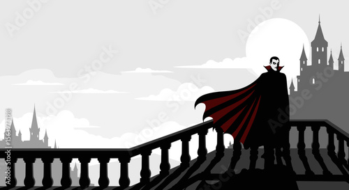 A figure in a black cloak stands on a balcony overlooking a castle, the concept of Halloween