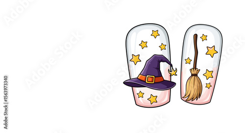 Halloween nail art stickers with witch hat and broom, isolated transparent background