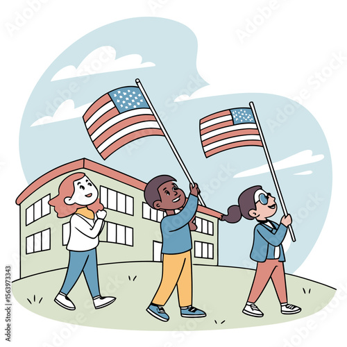 Diverse group of happy children proudly carrying american flags in a patriotic parade in front of a school building