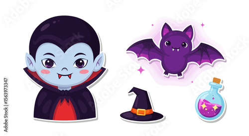 Cartoon Halloween sticker set with vampire, bat, witch hat and potion, for online posts