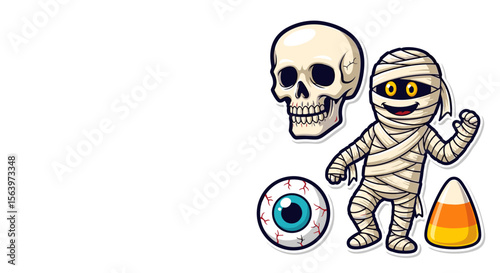 Halloween sticker set with mummy, skull, eyeball, and candy corn, isolated transparent background