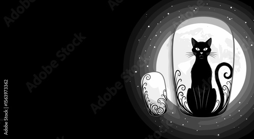 Halloween nail art design, black cat on moonlight, for festive style