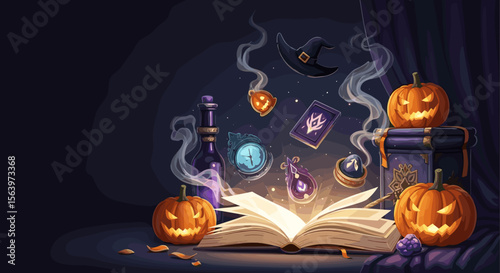 Opened spell book surrounded by Halloween imagery, with copy space