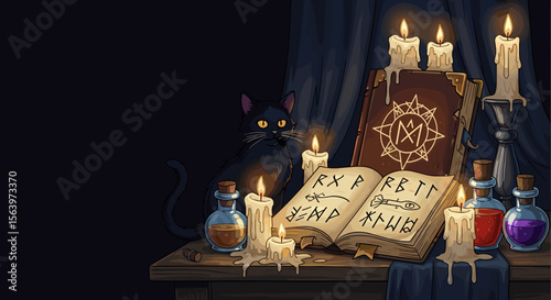 Spooky Halloween illustration with black cat, candles, and spell book