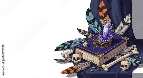 Illustrated spell book with crystal and skulls on cloth, for Halloween with copy space