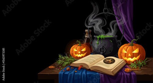 Halloween still life with pumpkins, cauldron, and spell book on dark background