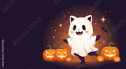 Cute kitten wearing a ghost costume celebrates Halloween with pumpkins, for greeting cards, with copy space
