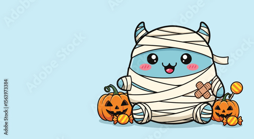 Cute Halloween mummy monster with pumpkins, with copy space