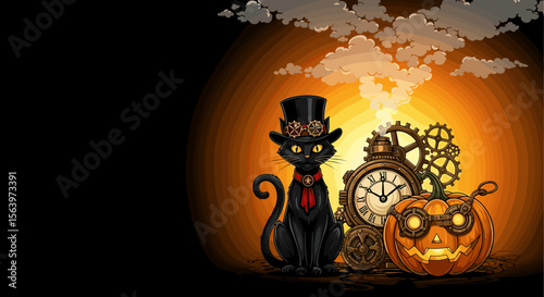Whimsical Halloween scene with black cat, clock, and pumpkin in steampunk style for holiday greetings, with copy space