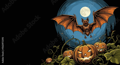 Steampunk robotic bat with pumpkins against moonlit background, for Halloween card