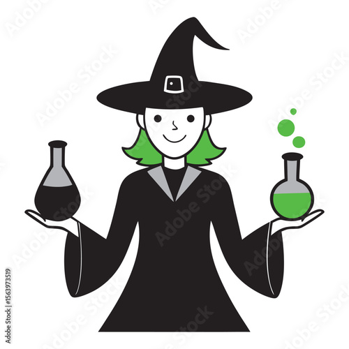 Whimsical hand drawn halloween witch illustration with cauldron and stars