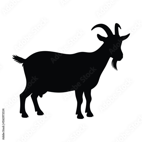Black silhouette of a male goat with horns and beard standing on a white background