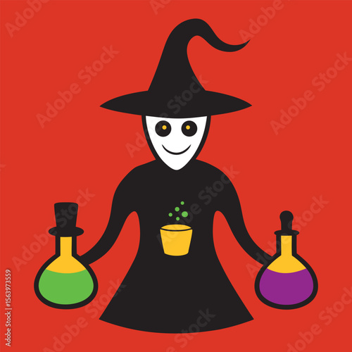 Whimsical halloween witch flying on a broomstick with stars and moon