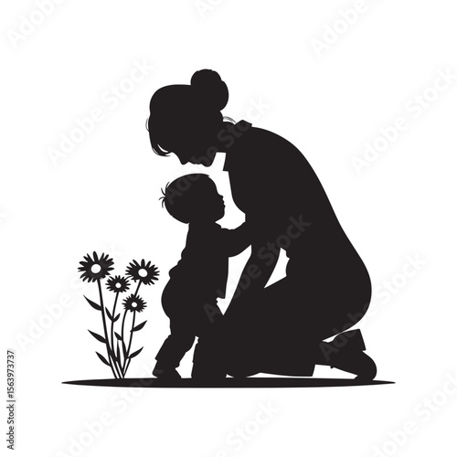 Silhouettes of a mother and her child, a boy, dancing with love and fun, a beautiful black vector illustration of a family