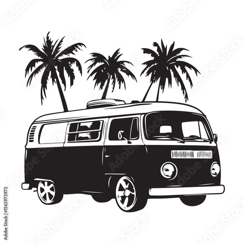 a vintage camper van Silhouette, Vintage Beach Van Vector Silhouette, Adventure Van, Summer vector black and white