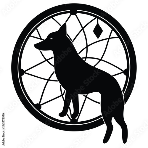Silhouette of a Dog Inside a Dream Catcher Symbolizing Protection and Good Dreams with a Mystical and Spiritual Theme