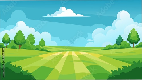 Vibrant Meadow's Embrace: An animated panorama of a rolling green meadow under a bright blue sky, inviting serenity and tranquility. 