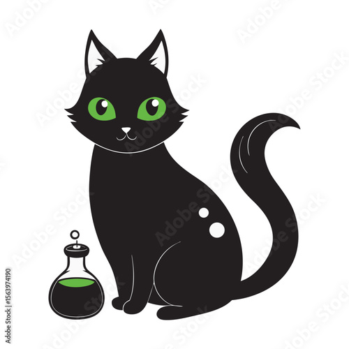 Cute cartoon black cat with bright green eyes and a potion bottle.