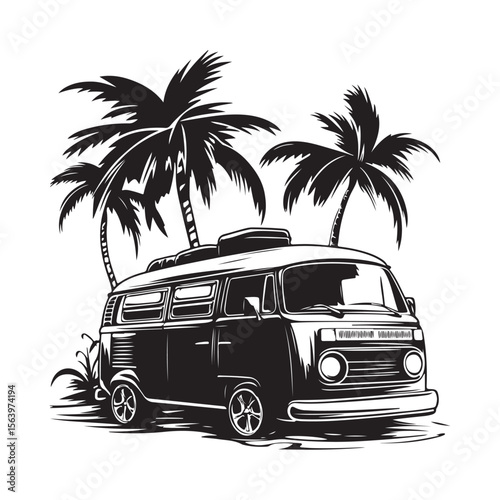 a vintage camper van Silhouette, Vintage Beach Van Vector Silhouette, Adventure Van, Summer vector black and white