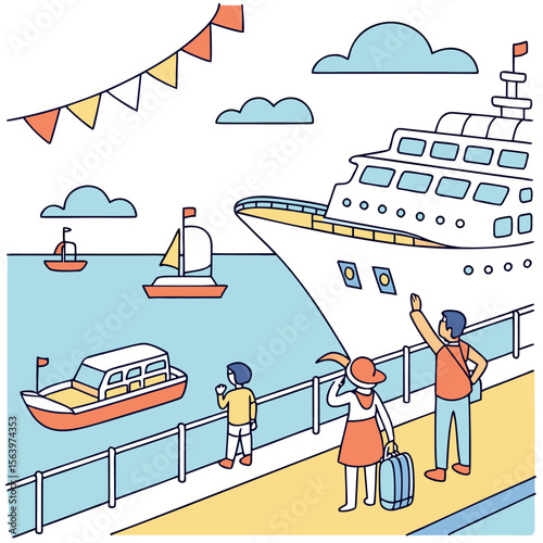 A family waves goodbye to a large cruise ship docked at a harbor with smaller boats and colorful bunting overhead on a sunny day