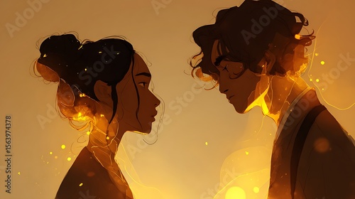 Illustration of a woman and a man facing each other with a golden light background art