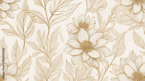 Delicate floral pattern with blooming flowers and leaves in soft beige tones offers a serene and elegant botanical design.