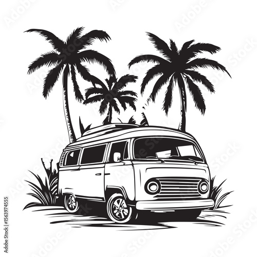 a vintage camper van Silhouette, Vintage Beach Van Vector Silhouette, Adventure Van, Summer vector black and white
