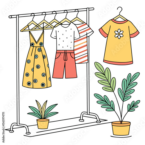 A vibrant illustration of a clothing rack displaying a yellow polka dot dress coral shorts and striped t shirt alongside a separate yellow t shirt and potted plants