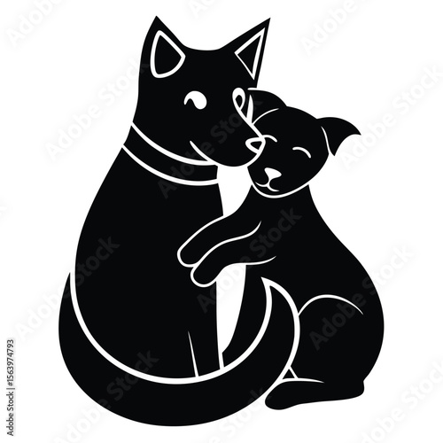 Monochrome Illustration of a Loving Dog and Cat Cuddling and Embracing with Affection in Simple Silhouette Graphic Style