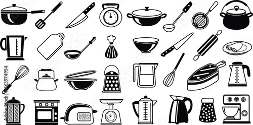 Collection of essential cooking utensils icons for culinary design projects